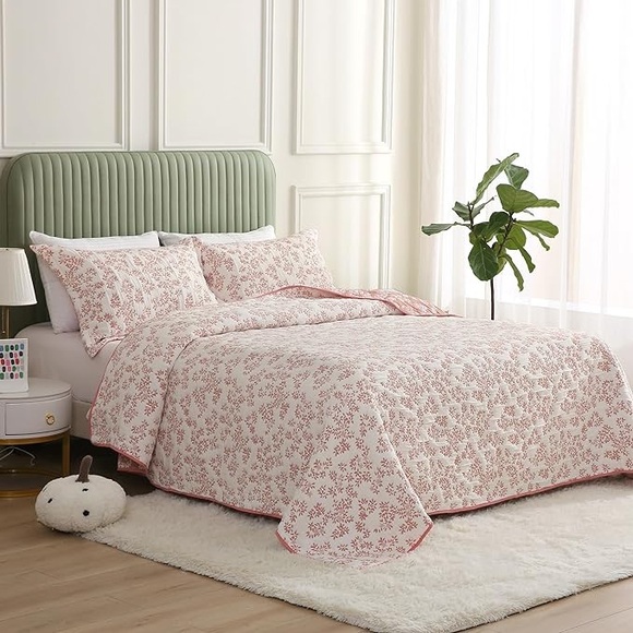 Pink Floral Twin Size Jacquard Embroidered Coverlet Bedspread and Sham Set - Picture 1 of 8